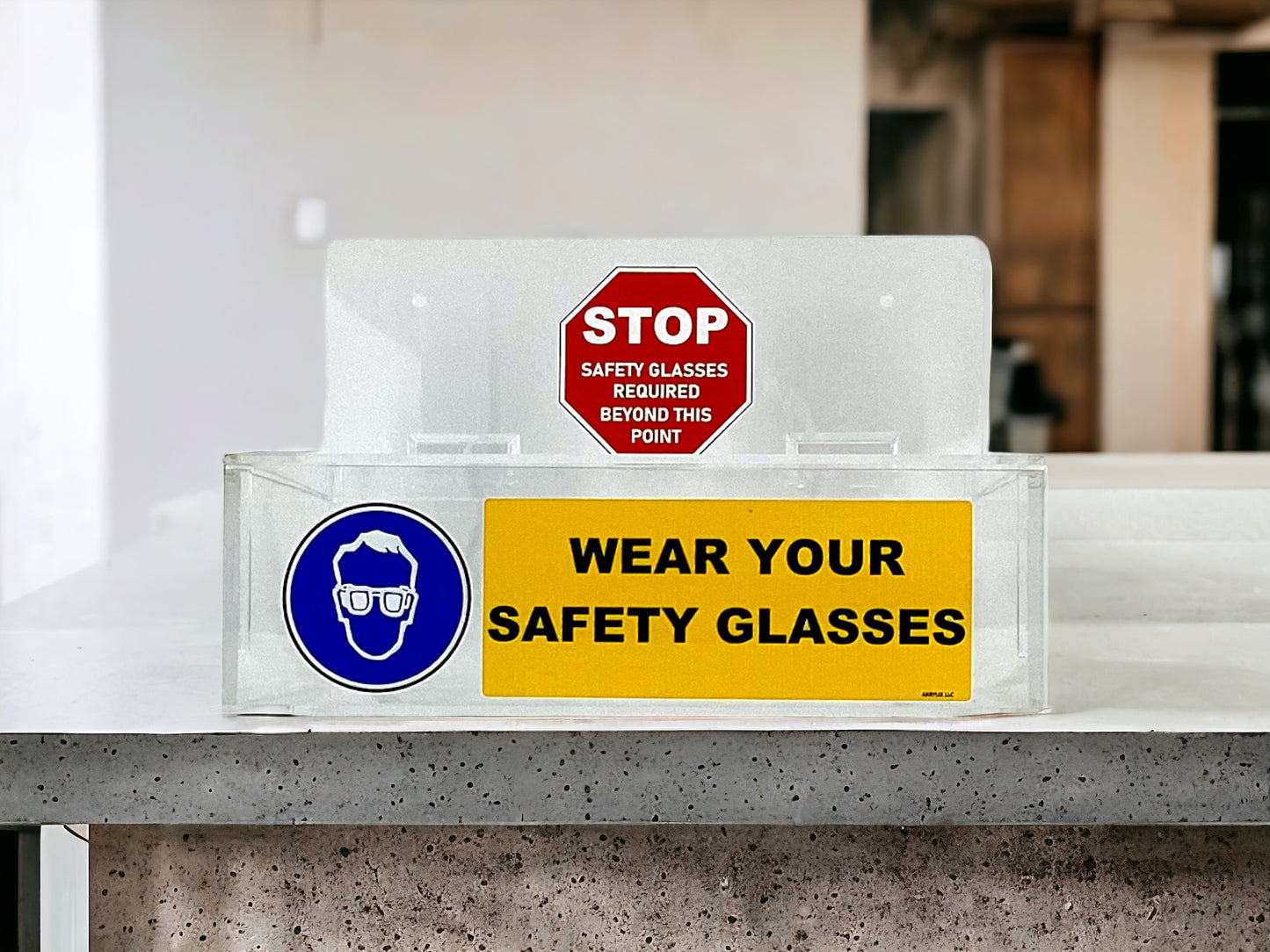 Clear Acrylic Wall Mountable Safety Glasses Dispenser w/ Hinged Lid - Blue