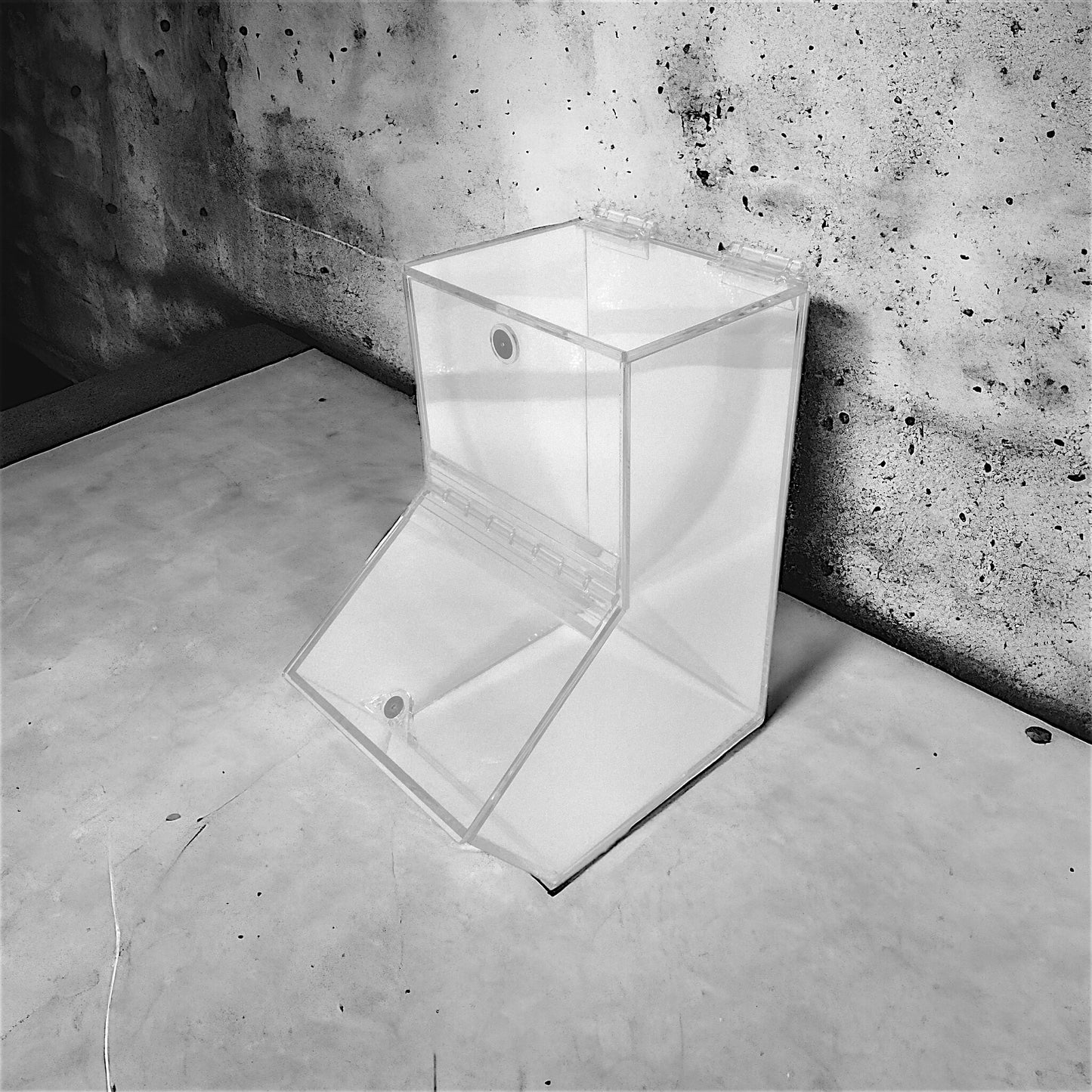 Clear Acrylic Wall-Mountable Dispenser Bin with Magnetic Door Catch