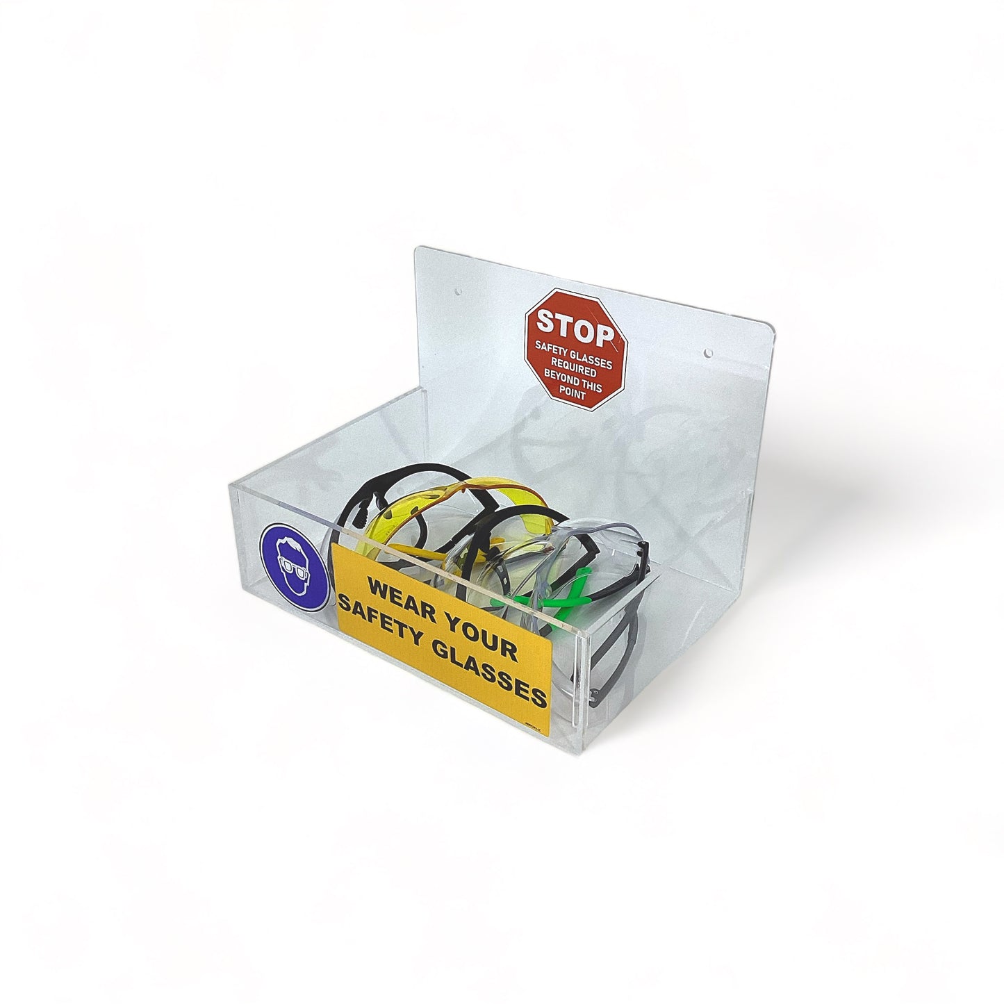 Open Clear Acrylic Wall Mountable Safety Glasses Dispenser - Blue