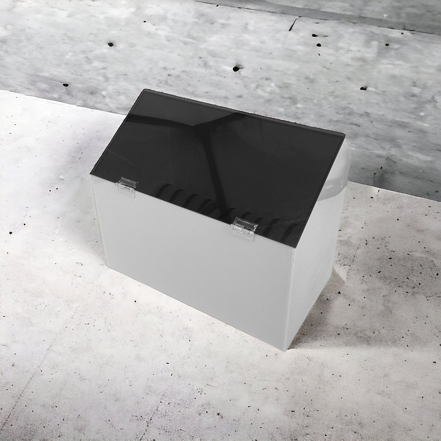 White Acrylic Storage Bin With Dark Smoked Gray Acrylic Door